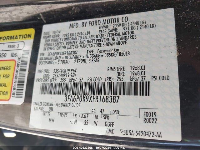 Ford Fusion Titanium 2015 3FA6P0K9XFR168387 Image 9