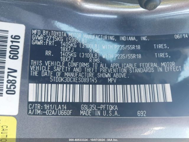 5TDDK3DCXES089145 Toyota Sienna Limited 7 Passenger