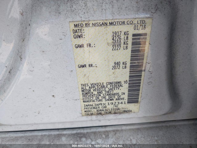 Nissan Altima 2.5 Sl 2018 1N4AL3AP9JC192341 Image 9