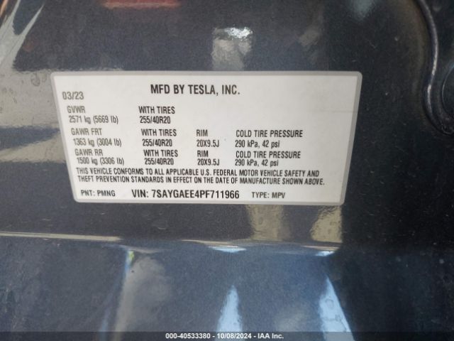 7SAYGAEE4PF711966 Tesla Model Y Awd/long Range Dual Motor All-wheel Drive