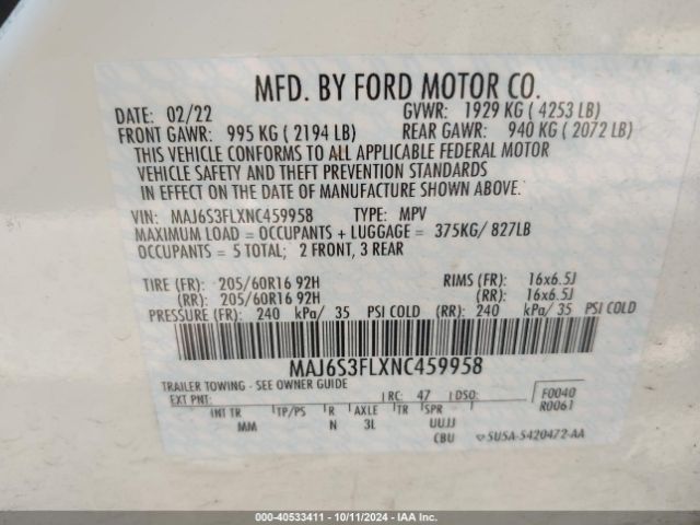 MAJ6S3FLXNC459958 Ford ECOSPORT S