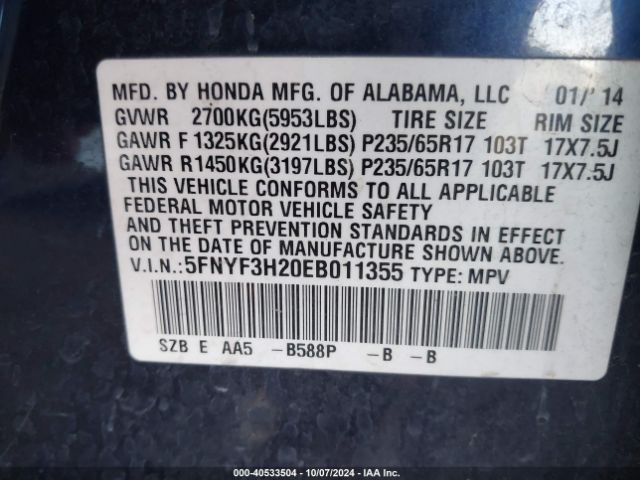 5FNYF3H20EB011355 Honda PILOT LX
