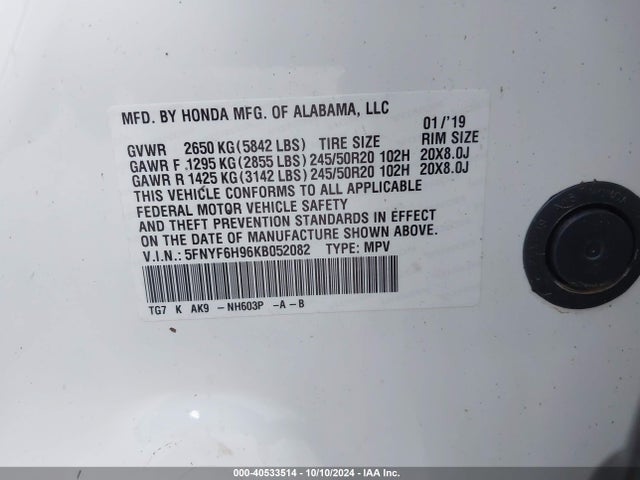 Honda Pilot Touring 2019 5FNYF6H96KB052082 Image 9