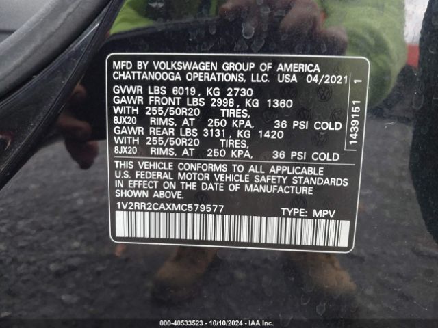 1V2RR2CAXMC579577 Volkswagen Atlas 3.6l V6 Se W/technology R-line