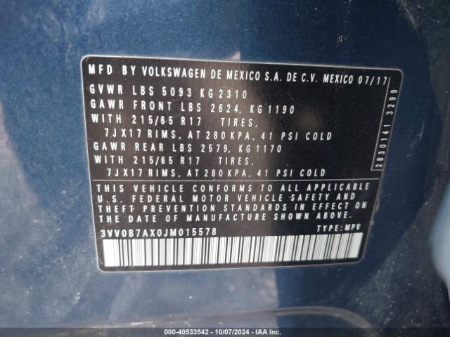 3VV0B7AX0JM015578 Volkswagen Tiguan 2.0t S