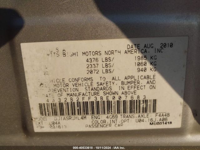 2011 MITSUBISHI GALANT 4A32B2FF3BE007683 Photo 8