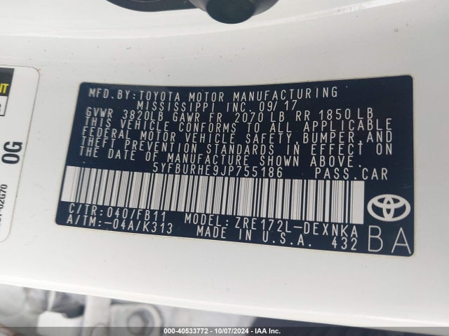 Toyota COROLLA LE 2018 5YFBURHE9JP755186 Image 9