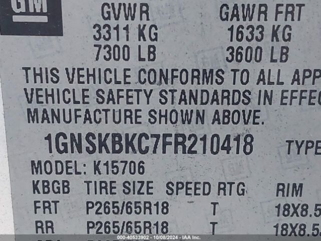 1GNSKBKC7FR210418 Chevrolet Tahoe Lt