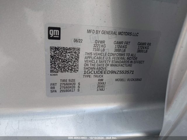 1GCUDEED9NZ553571 Chevrolet Silverado 1500 4wd  Short Bed Rst