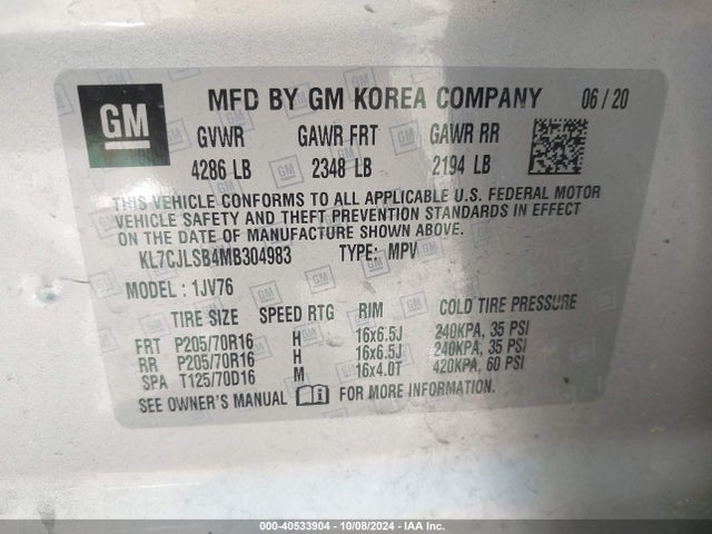 Chevrolet Trax Fwd Lt 2021 KL7CJLSB4MB304983 Image 9