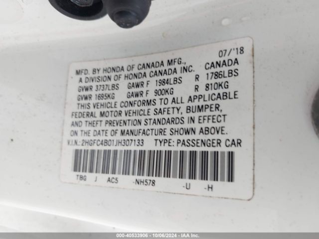 2HGFC4B01JH307133 Honda Civic Lx-p