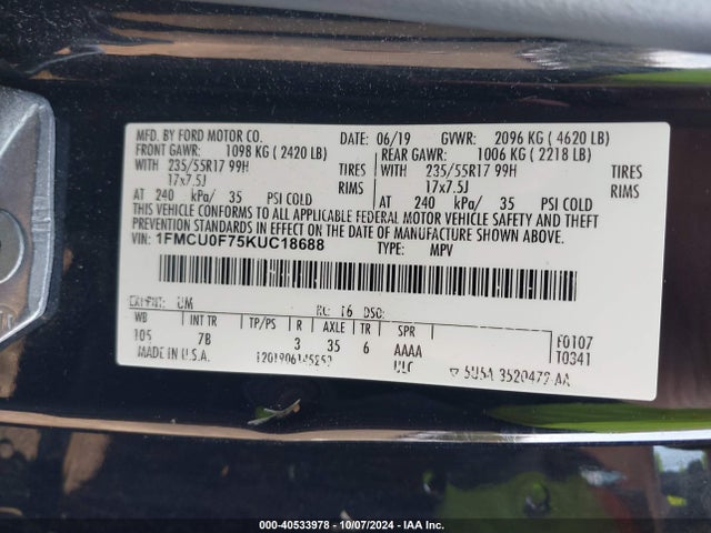 Ford ESCAPE S 2019 1FMCU0F75KUC18688 Image 9