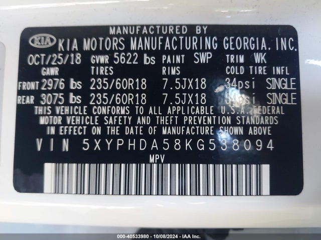 KIA Sorento 3.3l Ex 2019 5XYPHDA58KG538094 Image 9