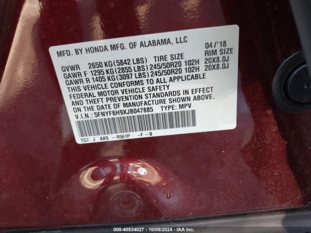 5FNYF6H9XJB047885 Honda Pilot Touring
