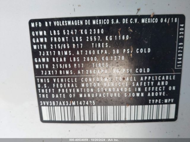 3VV3B7AX3JM147425 Volkswagen Tiguan 2.0t Se/2.0t Sel