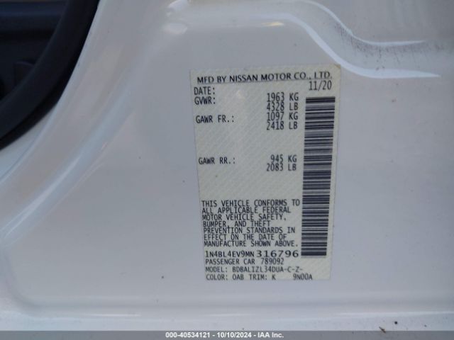 1N4BL4EV9MN316796 Nissan Altima Sl Fwd