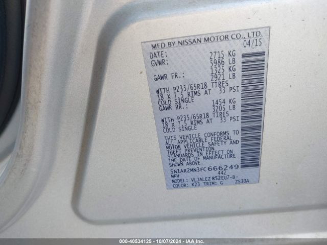 5N1AR2MN3FC666249 Nissan Pathfinder Platinum/s/sl/sv