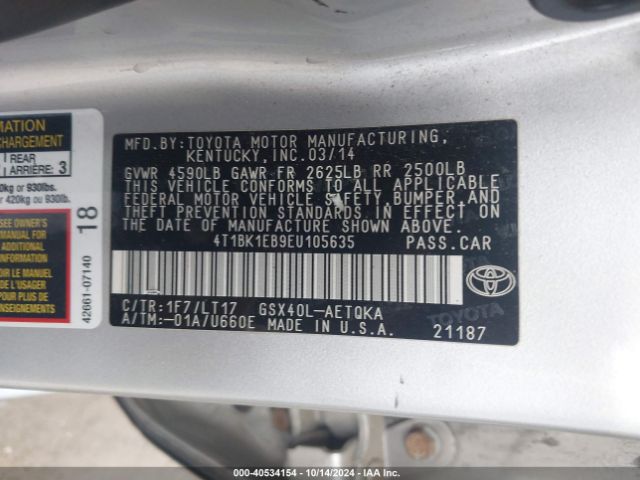 4T1BK1EB9EU105635 Toyota Avalon Xle Touring
