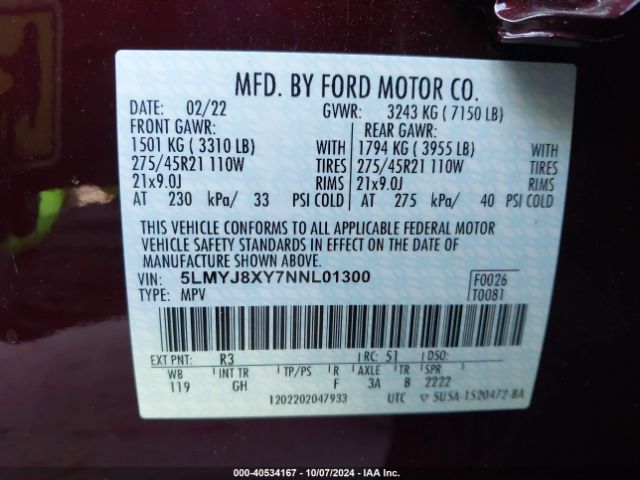5LMYJ8XY7NNL01300 Lincoln Aviator Grand Touring