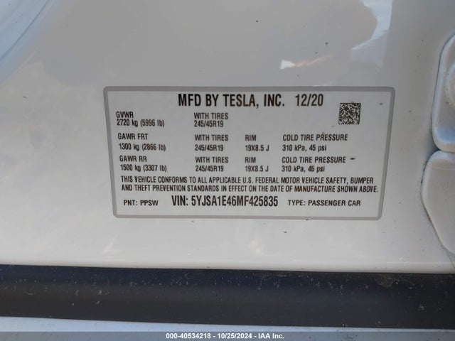 2021 TESLA MODEL S 5YJSA1E46MF425835 Photo 8