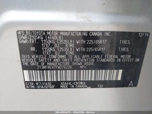 Toyota Rav4 Xle 2015 2T3RFREV7FW276226 Image 9