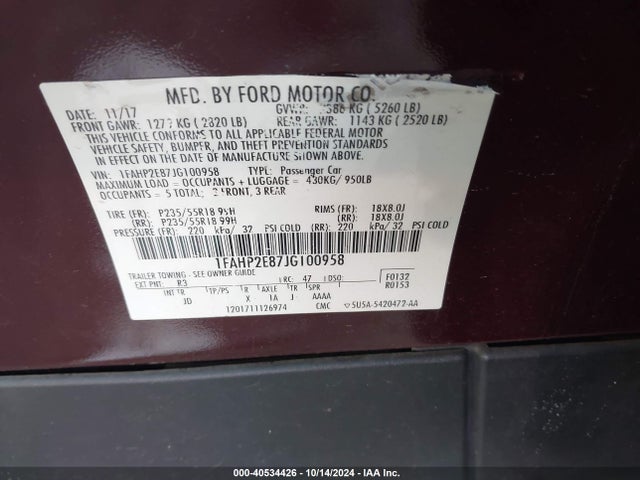 Ford TAURUS SEL 2018 1FAHP2E87JG100958 Image 9