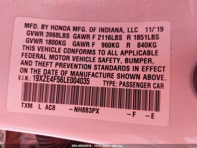 Honda INSIGHT EX 2020 19XZE4F56LE004035 Image 9