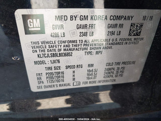 Chevrolet Trax Fwd Lt 2020 KL7CJLSB9LB036852 Image 9