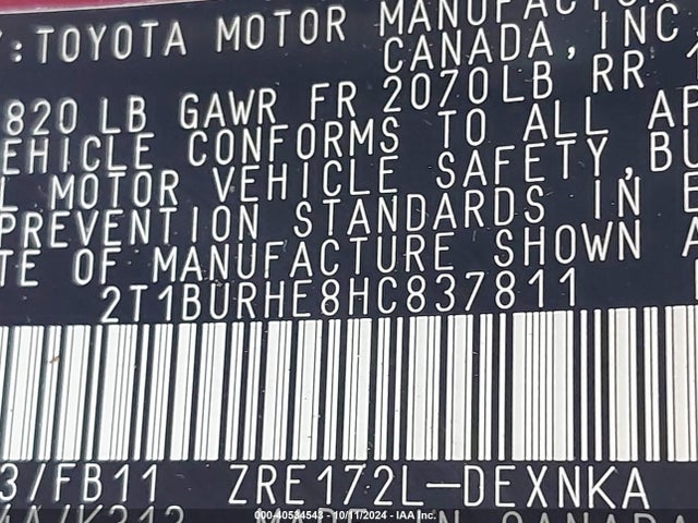 Toyota COROLLA LE 2017 2T1BURHE8HC837811 Image 9
