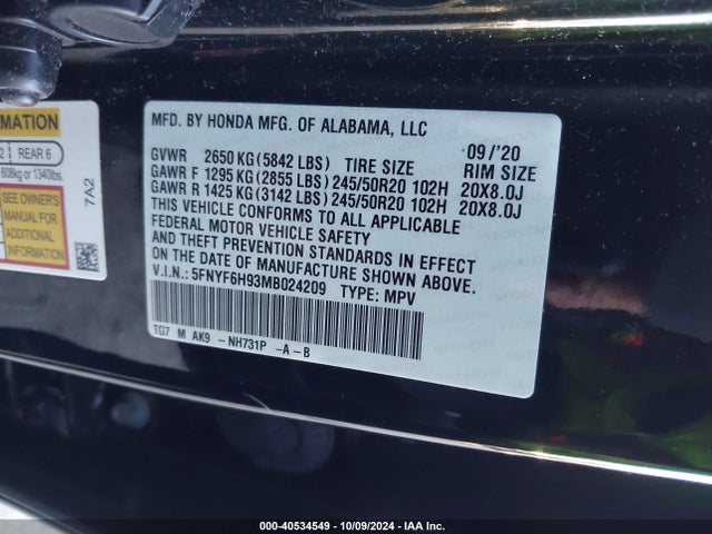 Honda Pilot Awd Touring 8 Passenger 2021 5FNYF6H93MB024209 Image 9