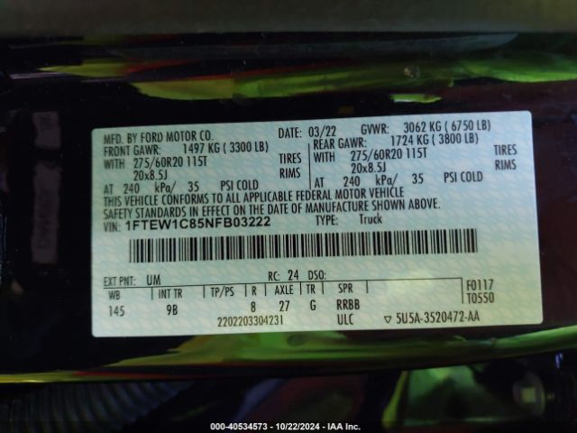 1FTEW1C85NFB03222 Ford F-150 Platinum