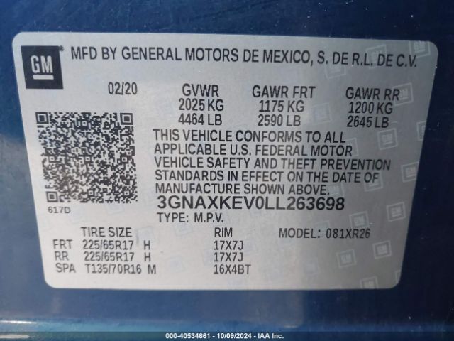 3GNAXKEV0LL263698 Chevrolet Equinox Fwd Lt 1.5l Turbo