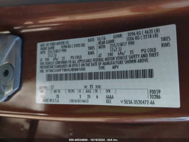 1FMCU0F78HUB96100 Ford ESCAPE S