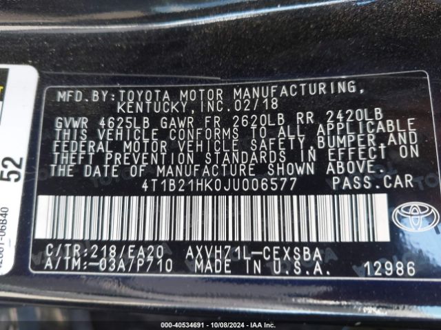 4T1B21HK0JU006577 Toyota Camry Hybrid Se