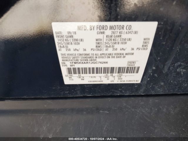 1FM5K8AR1JGC76266 Ford Police Interceptor Utility