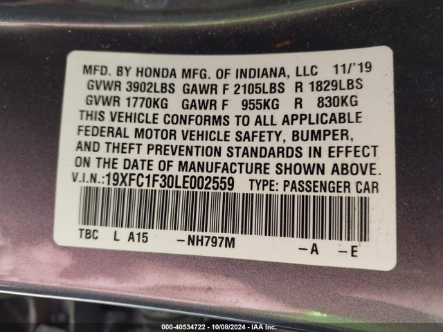 Honda CIVIC EX 2020 19XFC1F30LE002559 Image 9