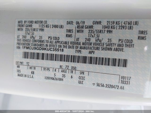 1FMCU9GD9KUC35518 Ford ESCAPE SE