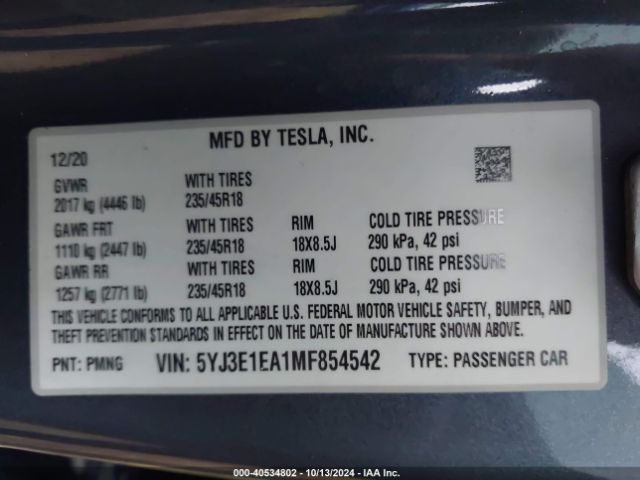 5YJ3E1EA1MF854542 Tesla Model 3 Standard Range Plus Rear-wheel Drive