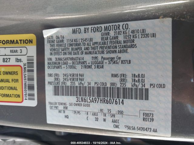 3LN6L5A97HR607614 Lincoln Mkz Premiere