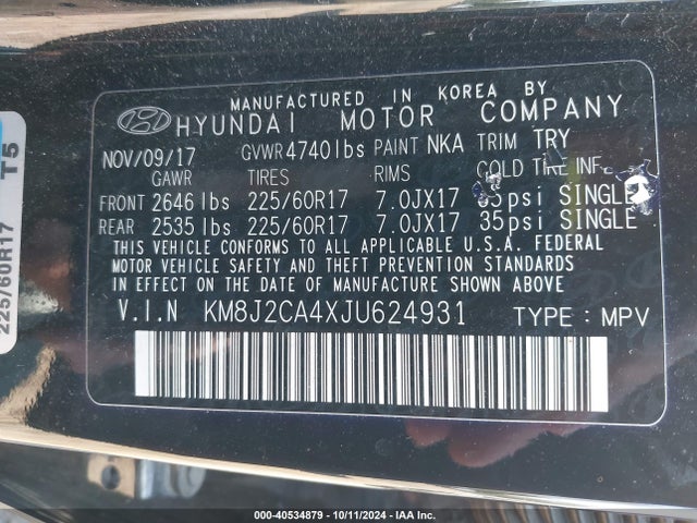 Hyundai TUCSON SE 2018 KM8J2CA4XJU624931 Image 9