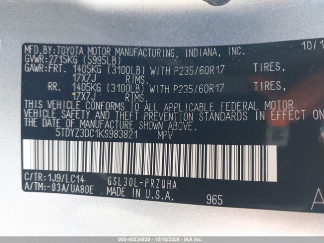 5TDYZ3DC1KS983821 Toyota Sienna Xle Premium 8 Passenger