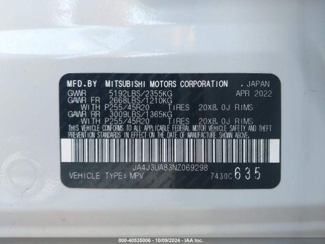 JA4J3UA83NZ069298 Mitsubishi Outlander Black Edition 2wd/se 2.5 2wd/se Launch Edition 2wd