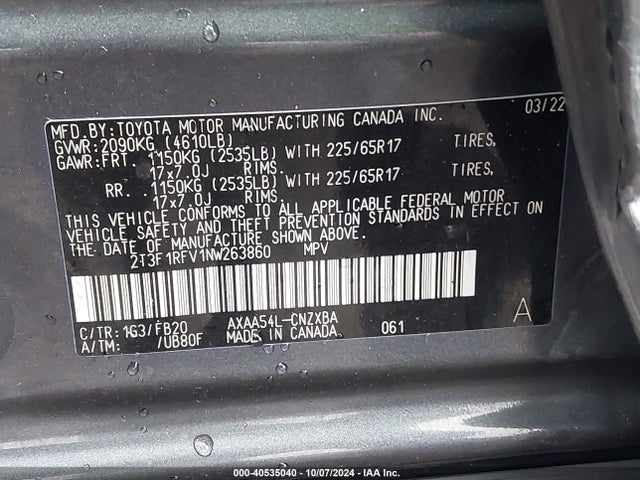 2T3F1RFV1NW263860 Toyota RAV4 LE