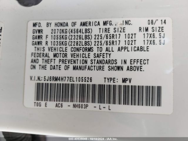 5J6RM4H77EL105526 Honda Cr-v Ex-l
