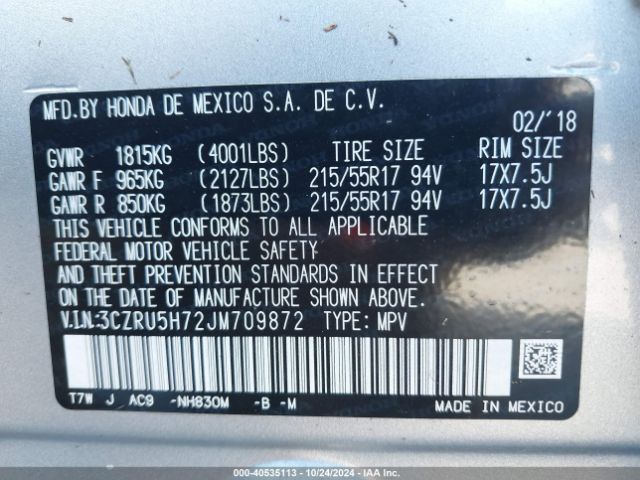 3CZRU5H72JM709872 Honda Hr-v Ex-l