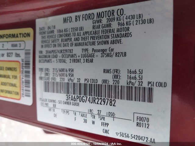 Ford FUSION S 2018 3FA6P0G74JR229782 Image 9
