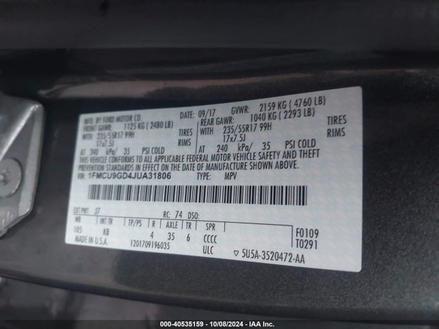 Ford ESCAPE SE 2018 1FMCU9GD4JUA31806 Image 9
