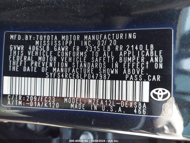 Toyota COROLLA SE 2020 5YFS4RCE6LP047987 Image 9
