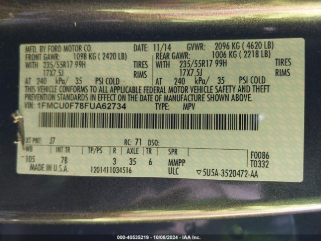 1FMCU0F78FUA62734 Ford ESCAPE S