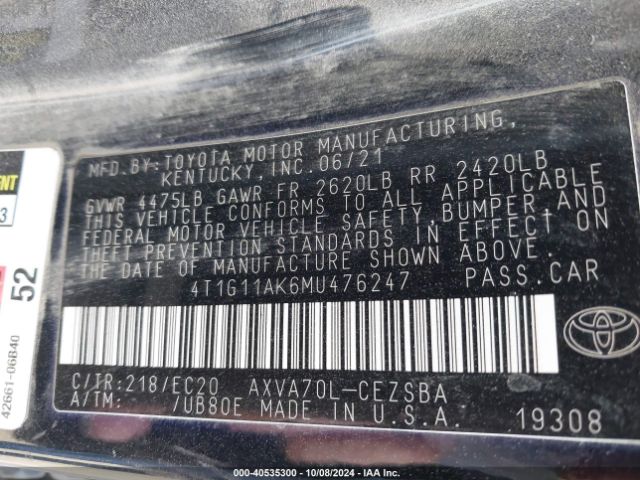 4T1G11AK6MU476247 Toyota Camry Se Nightshade Edition